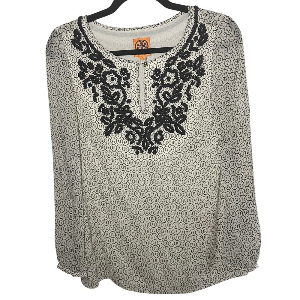 Tory Burch Women's Silk Blend Black White Patterned Lace Trim Blouse Size 2